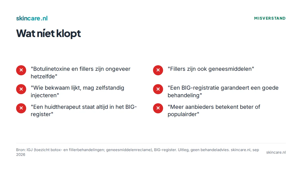 Zes veelgemaakte misverstanden over botulinetoxine, fillers, injecteren en registers, elk aangemerkt als onjuist