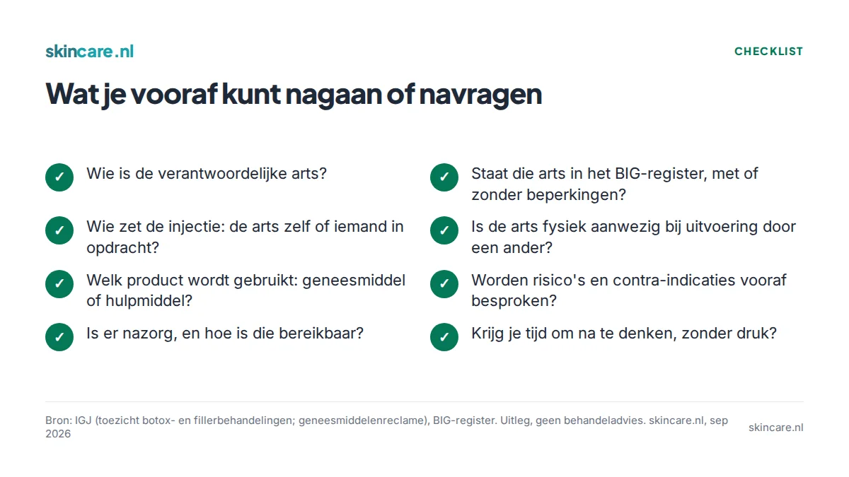 Checklist met acht informatievragen vóór een injectablebehandeling, over arts, register, uitvoering, product, risico's, nazorg en bedenktijd