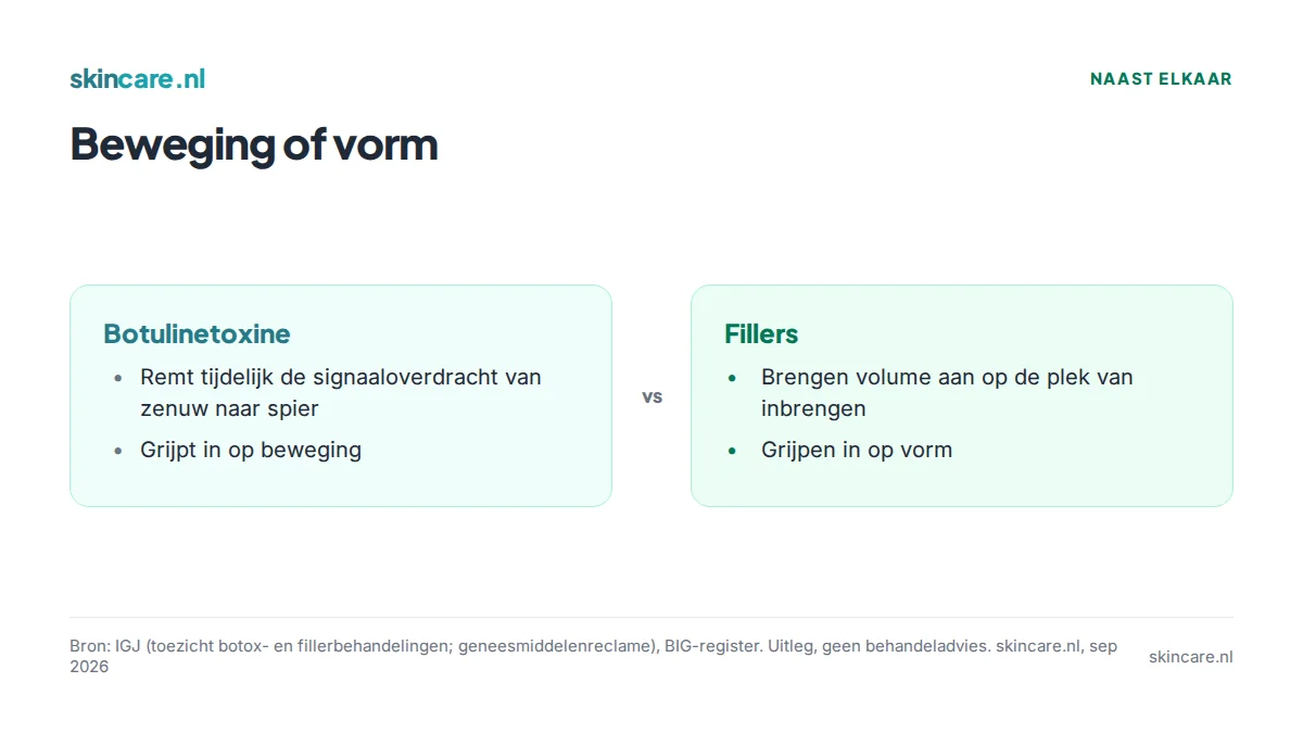 Vergelijking van de werking: botulinetoxine remt de signaaloverdracht naar de spier, fillers vullen op met volume