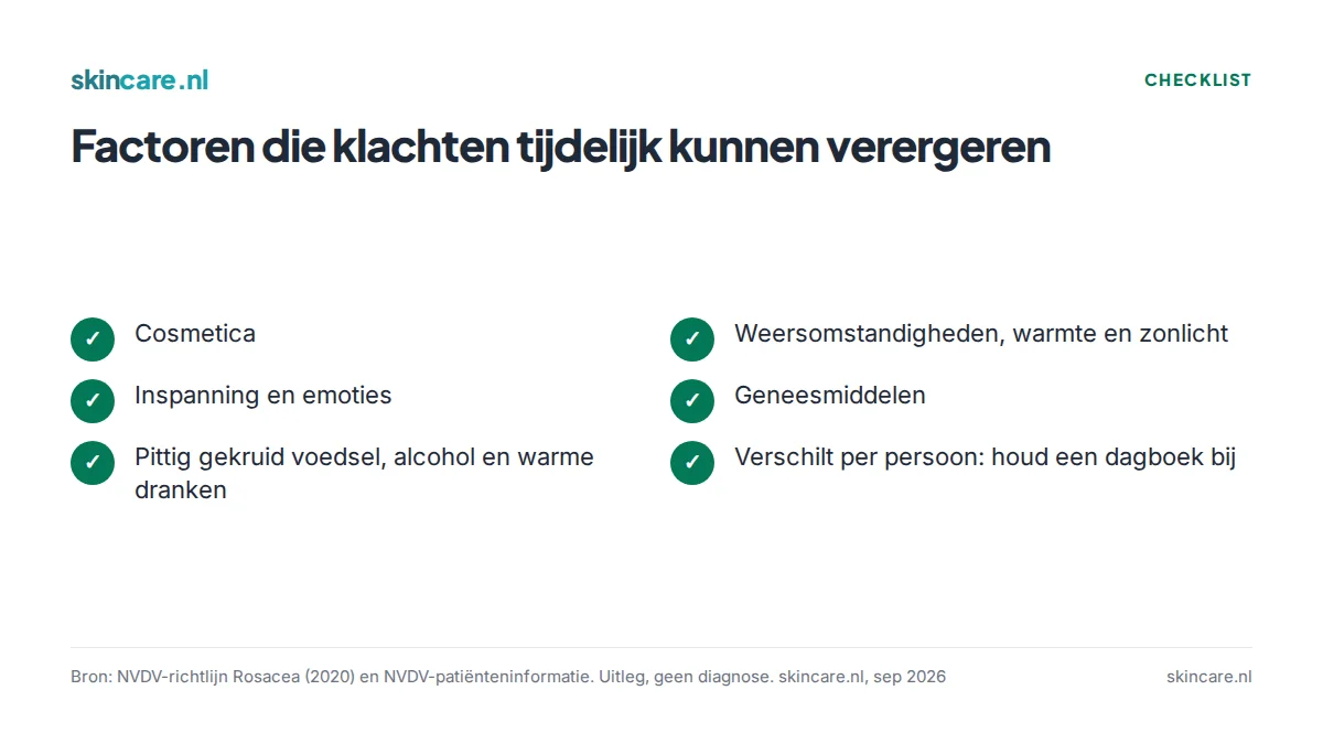 Uitlokkende factoren bij rosacea volgens de richtlijn en de NVDV-patiënteninformatie, met het advies een dagboek bij te houden